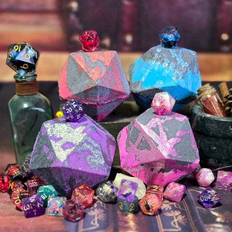 Arcane Studies DiceBomb set with four fantasy RPG dice bath bombs