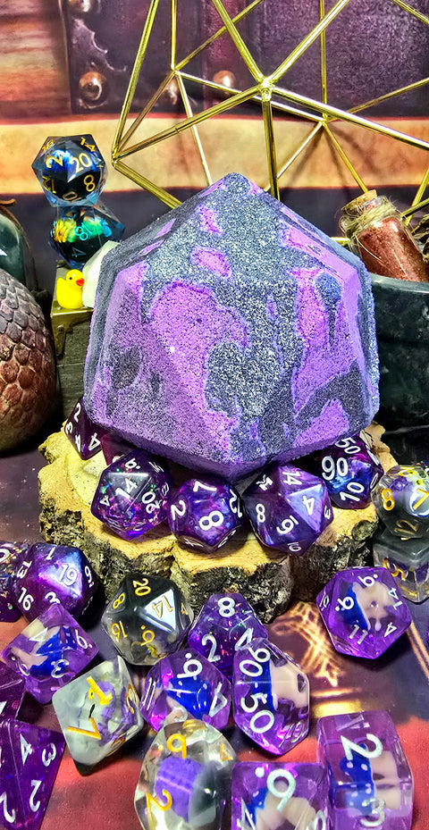 Purple and black Divination DiceBomb with purple RPG dice