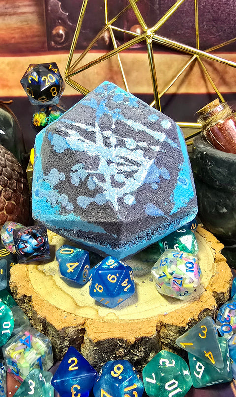 Blue and black Evocation DiceBomb with blue RPG dice